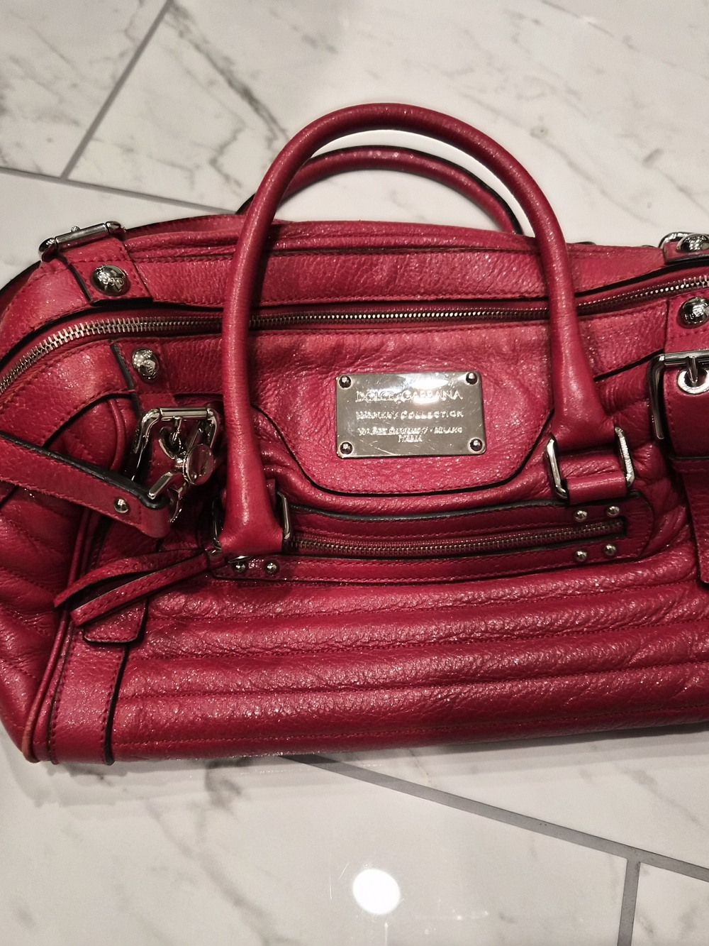 Red Leather Satchel Handbag - Designer Plaque Detail